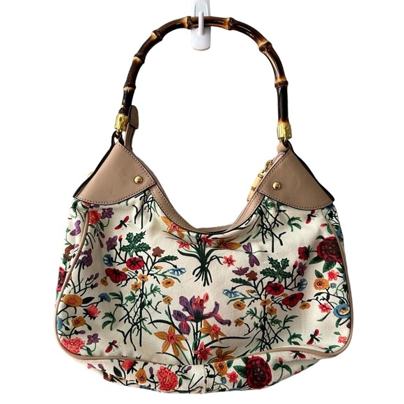 Euro Wellness Bamboo Handle Floral Canvas Shoulder Bag Cream Multicolor Purse - Picture 2 of 8